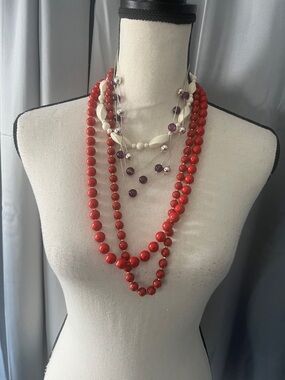 Women's Necklace Bundle- 2 red, 1 cream and 1 Purple Accents with silver